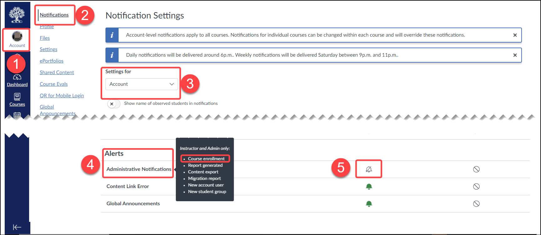 Screenshot of Quercus account settings interface showing steps to disable Administrative Notifications