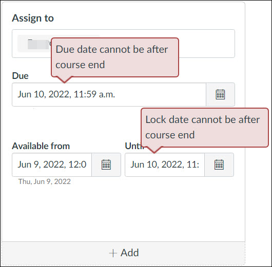 Quercus Assignments 'Assign To' field showing error message for due date and lock date that go beyond the course end date.