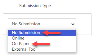 Screenshot of Quercus Assignment interface showing No Submission and On Paper Assignment submission options