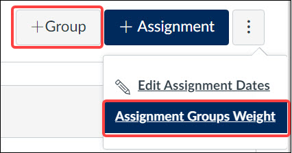 Quercus Assignments page with buttons to add Assignment Group and to Weight Assignments groups highlighted
