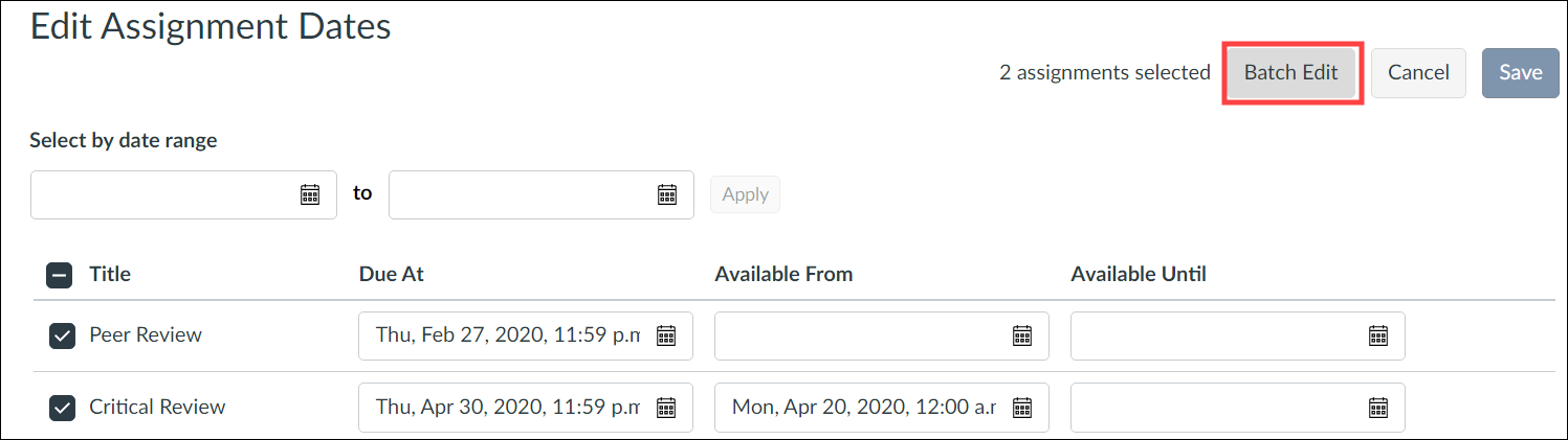 Screenshot of Quercus Edit Assignment Dates page interface with Batch Edit button highlighted