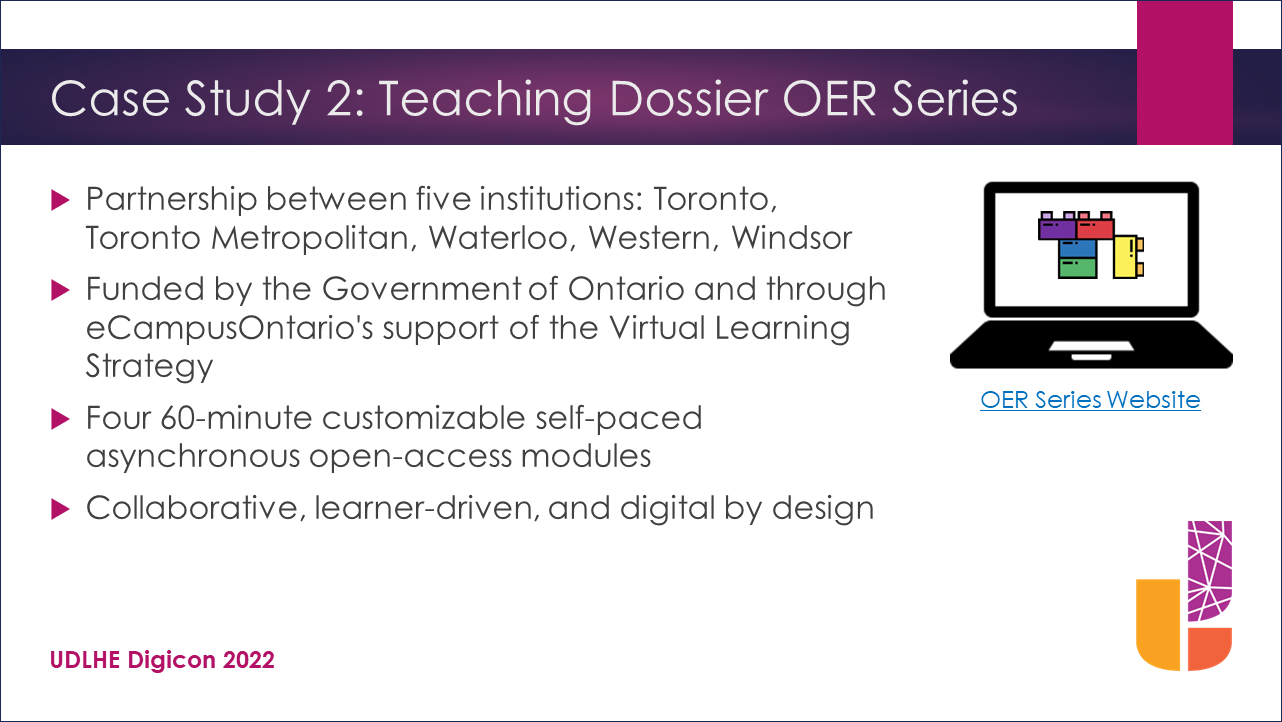 PowerPoint slide with title “Case Study 2: Teaching Dossier OER Series”.  The slide lists information about institutional partners, project funding and content, and design considerations. A link to the project website is included: https://q.utoronto.ca/courses/238848