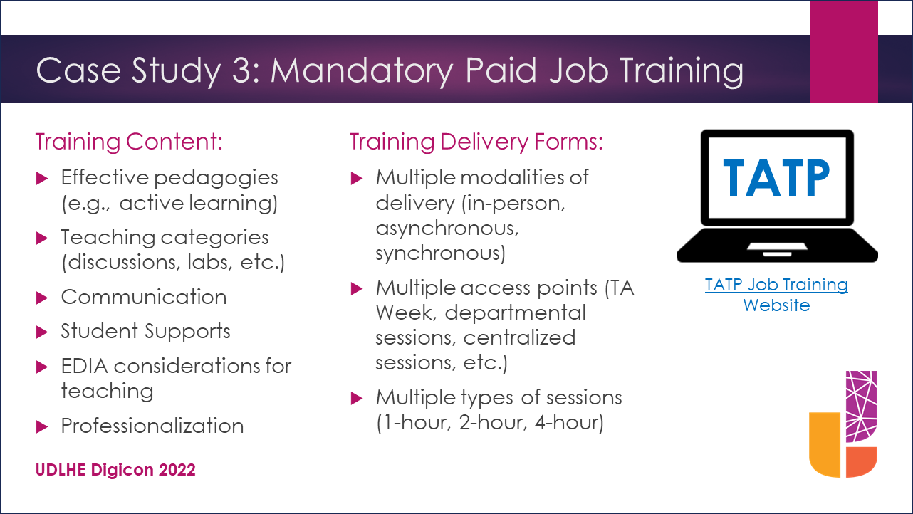 PowerPoint slide with title “Case Study 3: Mandatory Paid Job Training ”.  The slide has a 3-column design applied. On the left is a bullet point list of the Training Content. In the middle is a list of the Training Delivery Forms for the course. On the right is a link to the TATP Job Training website: https://tatp.utoronto.ca/job-training/