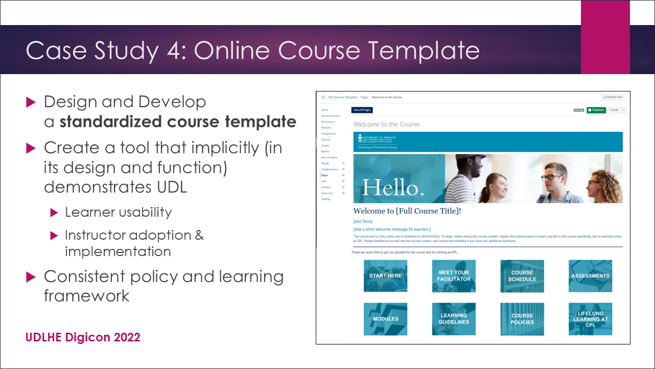 PowerPoint slide with title “Case Study 4: Online Course Template”.  The slide has a 2-column design applied. On the left is a list of the course goals (Design and Develop a standardized course template, Create a tool that implicitly (in its design and function) demonstrates UDL, Consistent policy and learning framework)