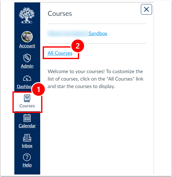 Quercus Global Navigation menu with Courses and All Courses options selected