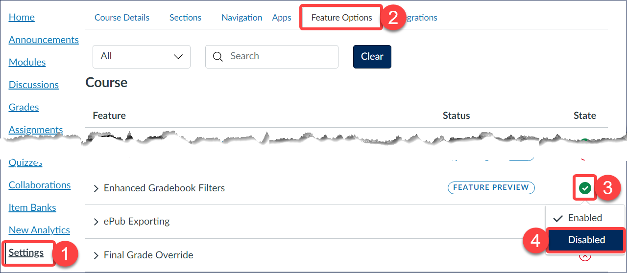Steps for disabling Enhanced Gradebook Filters feature option from Quercus Course Settings