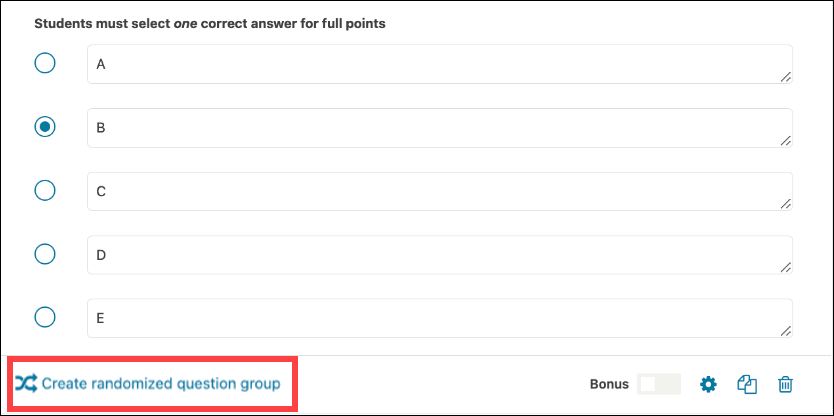 Screenshot of a Crowdmark Multiple Choice Questions highlighting the option to create a randomized question group