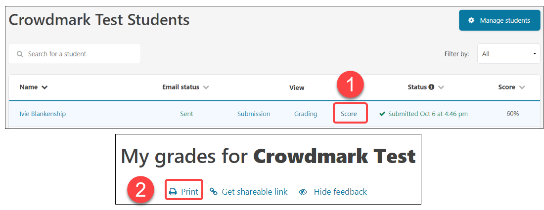 Crowdmark Students Page showing 2 steps to return grade to a single student