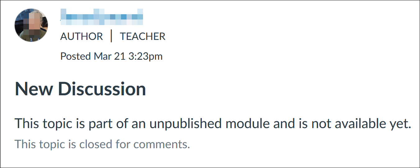 Screenshot of Quercus message: “This topic is part of an unpublished module and is not available yet. This topic is closed for comments.”