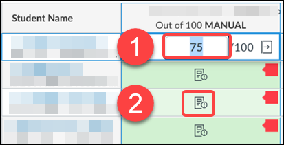 Quercus Gradebook view with grade highlighted in cell 1 and an ungraded assignment highlighted in cell 2