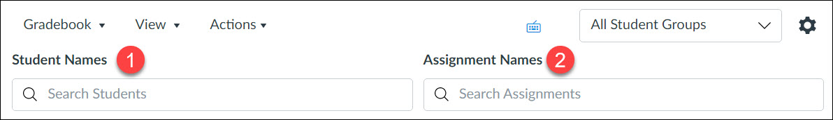 Canvas Gradebook view showing Search Fields for student names and assignment names