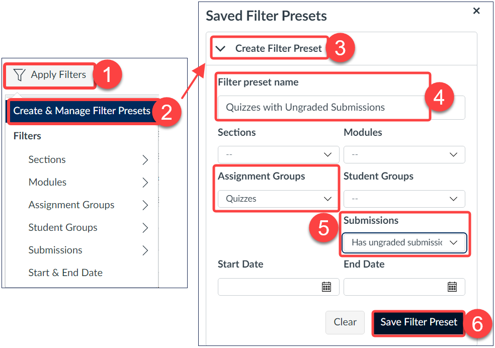 Steps for creating a new filter preset using Gradebook Enhanced Filters in Quercus