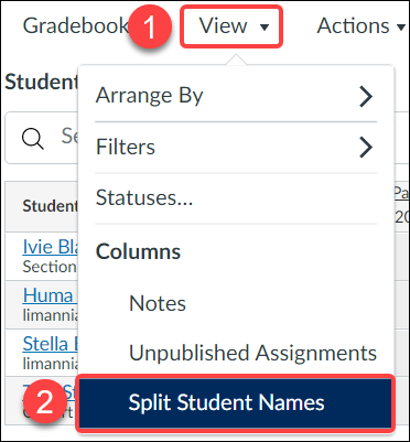 Canvas Gradebook View Menu highlighting Column Option to Split Student Names