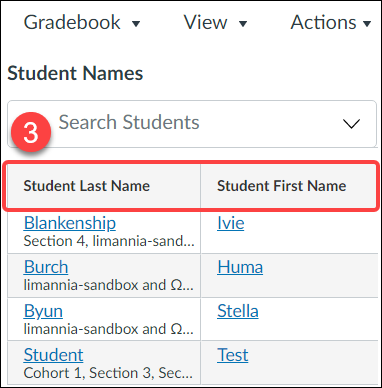 Canvas Gradebook view with separate columns for student first and last names