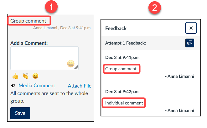 Student view of group and individual assignment comments seen on the Assignment Submission page (left) and Grades page (right)