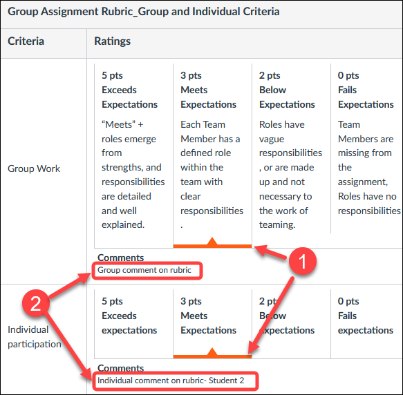 Student view of group assignment rubric showing individual criteria selected, as well as group comments, and individual comments