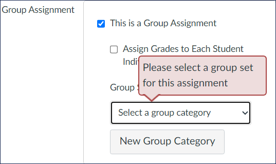 Screenshot of Quercus Group Assignment settings showing warning message received when trying to save a Group Assignment without selecting an associated group set. The warning message reads: Please select a group set for this assignment