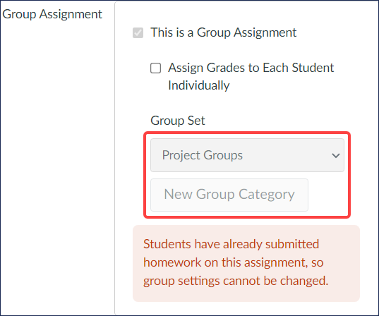 Screenshot of Quercus Group Assignment settings after a submission has been received. The option to update the group set association is now greyed out and there is a warning message: Students have already submitted homework on this assignment, so group settings cannot be changed.   