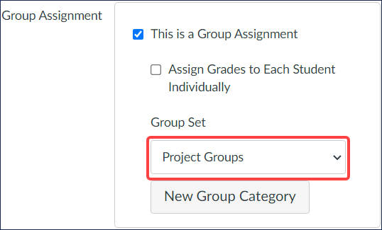 Quercus Group Assignment settings for assignment imported or copied over from another course. Assignment appears to be associated with a groups set called Project Groups.