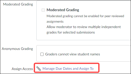 Screenshot of Quercus Manage Due Dates and Assign To link at the bottom of an assignment