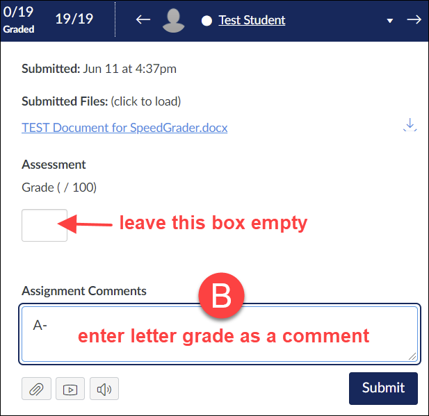 Quercus SpeedGrader showing letter grade of A minus entered in the assignment comments field