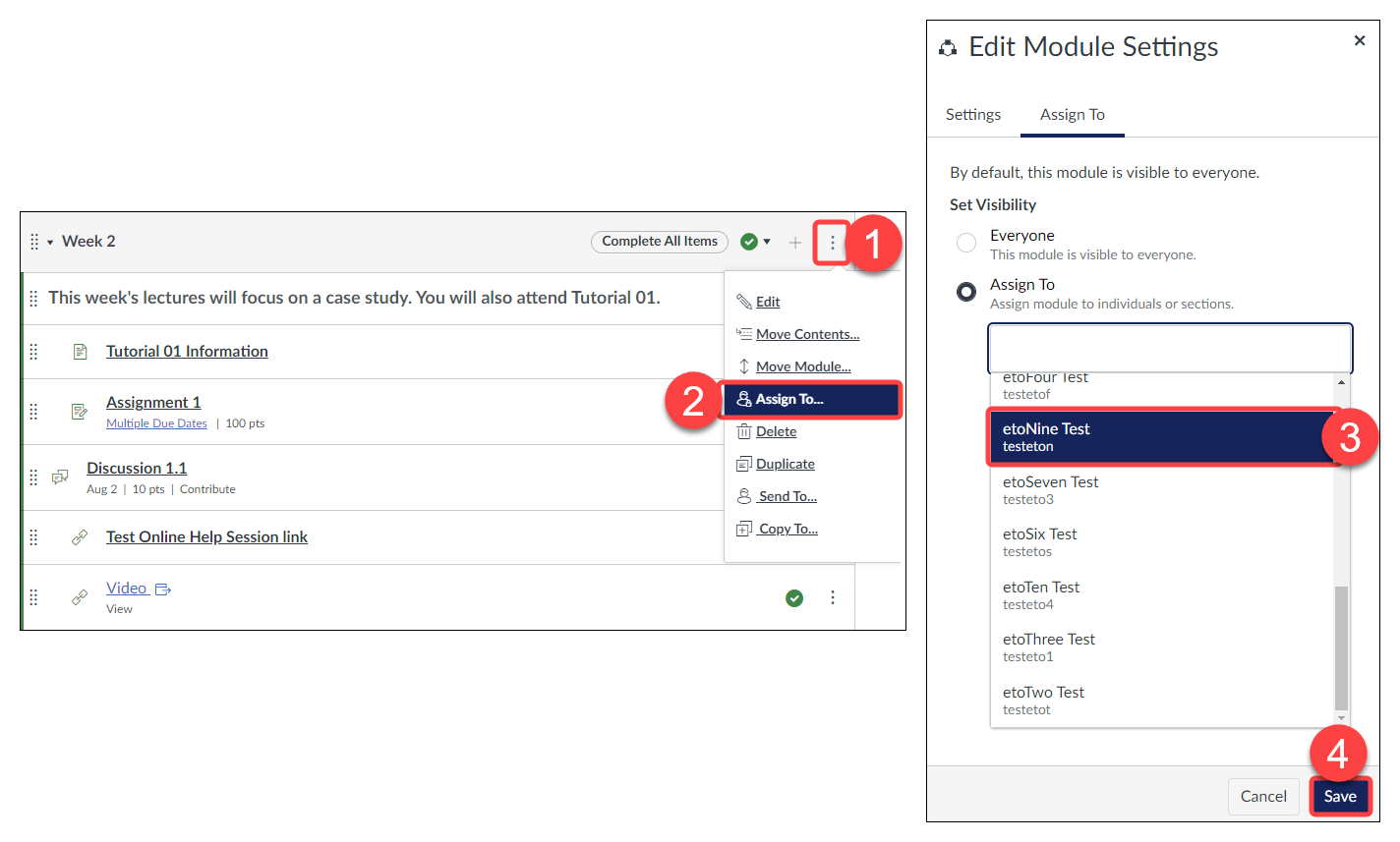 Screenshot of Quercus Module Assign To options