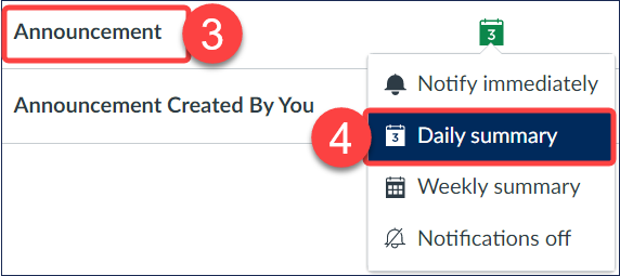 Screenshot showing steps to change Canvas/Quercus Announcement notification frequency