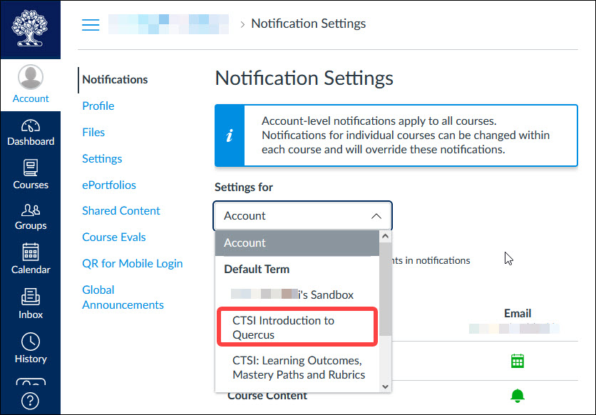 Canvas User Account Notifications Page Showing Course and Account-level settings