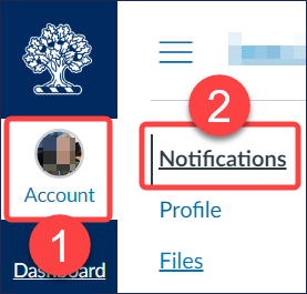 Screenshot showing steps to open Canvas/Quercus user account Notification options