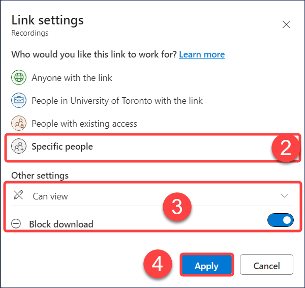 Screenshot of the Link Settings page on the Share pop-up in OneDrive. The following options are selected: Specific People, View Only, Block Downloads