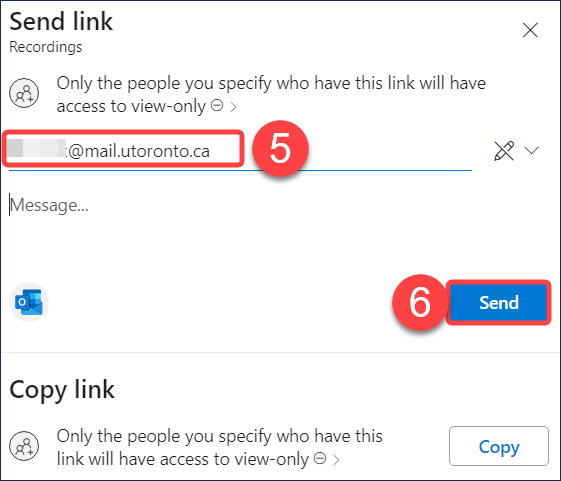 Screenshot of the Send Link page on the Share pop-up in OneDrive.  The email address field is highlighted.