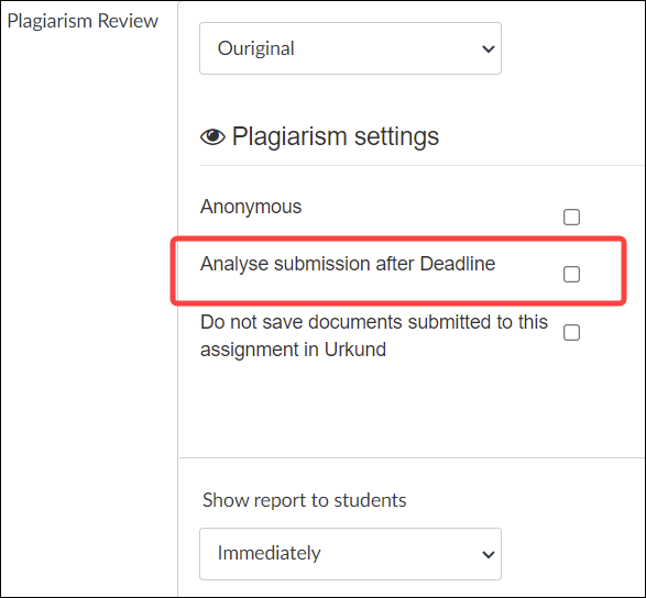 Quercus Plagiarism Detection Tool (Ouriginal) assignment options with Analyze Submission After Deadline encircled with a red callout