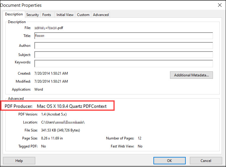 PDF Metadata Description Tab with PDF Producer option highlighted