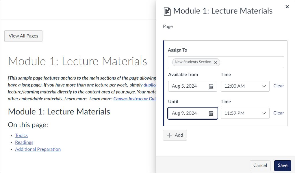 Screenshot of Quercus Pages Assign To options