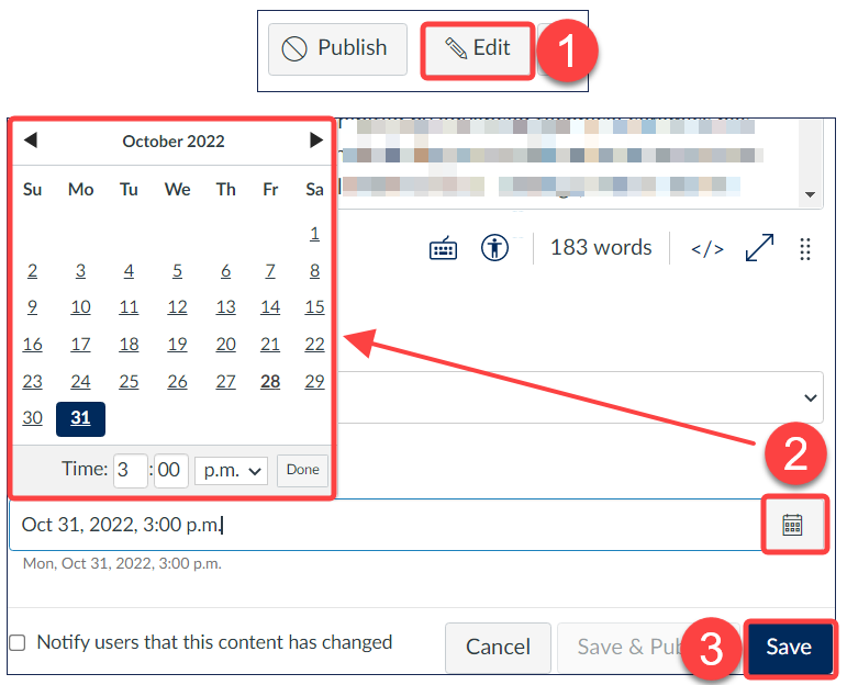 Quercus Pages interface showing steps for scheduling page publication using the Publish At option