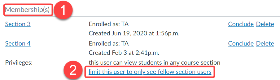 Screenshot of option to Limit User to Section via User Profile on Quercus People Page
