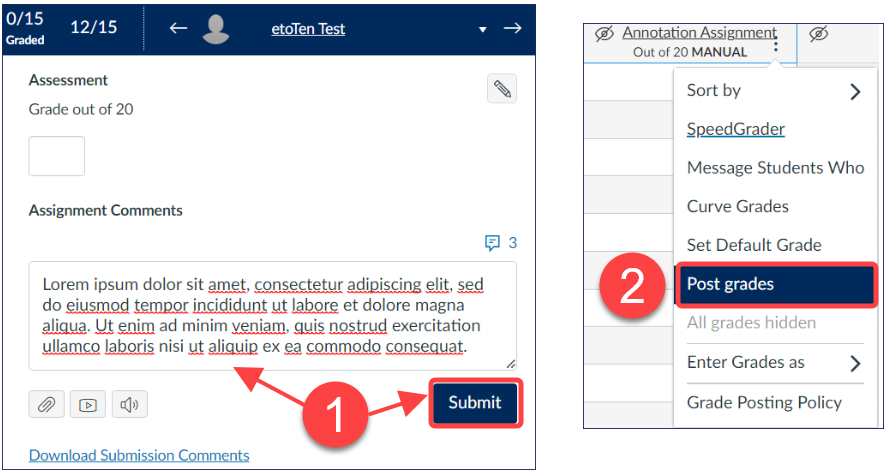 Side by side screenshots showing how to post and release assignment comments in Quercus. The left screenshot shows where to enter comments in SpeedGrader. The right screenshot shows how to Post grades in the Gradebook