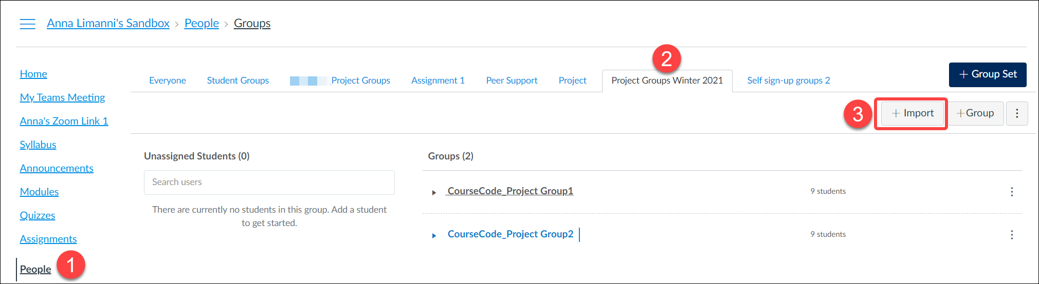 Screenshot of Quercus People page showing a group set called Project Groups 2021 and its associated 2 group selected