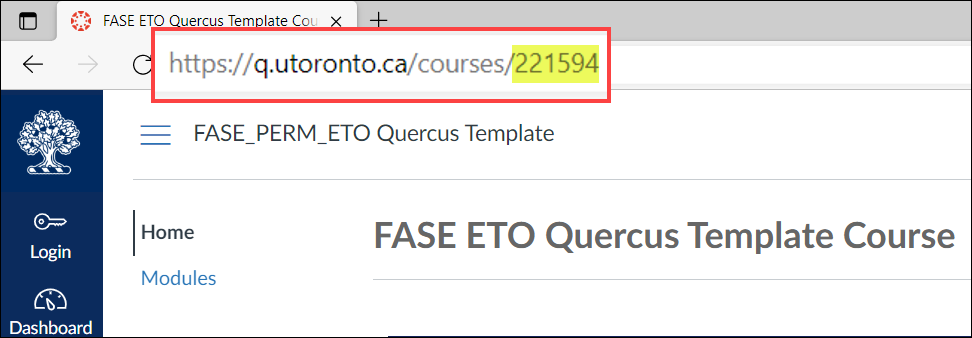 Screenshot of browser address bar highlighting location of URL for Quercus course