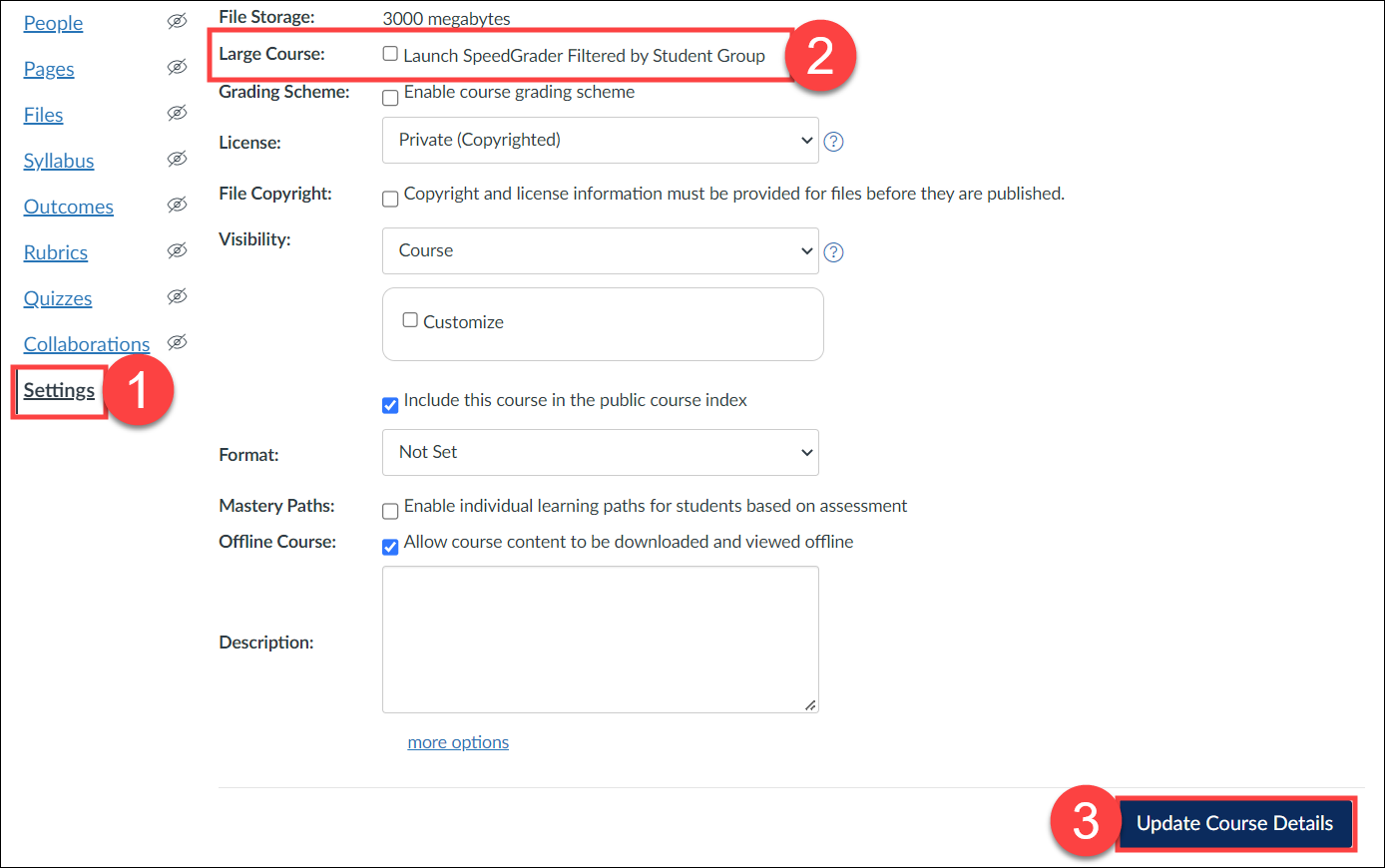 Quercus Course Settings page showing the option Launch SpeedGrader Filtered by Student Group in its default, unchecked state.