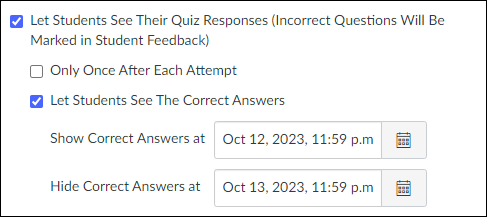 Quercus Quiz Settings options for showing student responses and correct answers