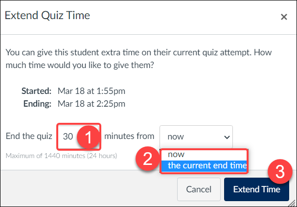 Canvas Quizzes Extend Time on Current Attempt Interface