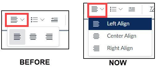 Screenshot comparing Quercus Rich Content Editor options for Align Test – the before options have no text labels, the after options include text labels