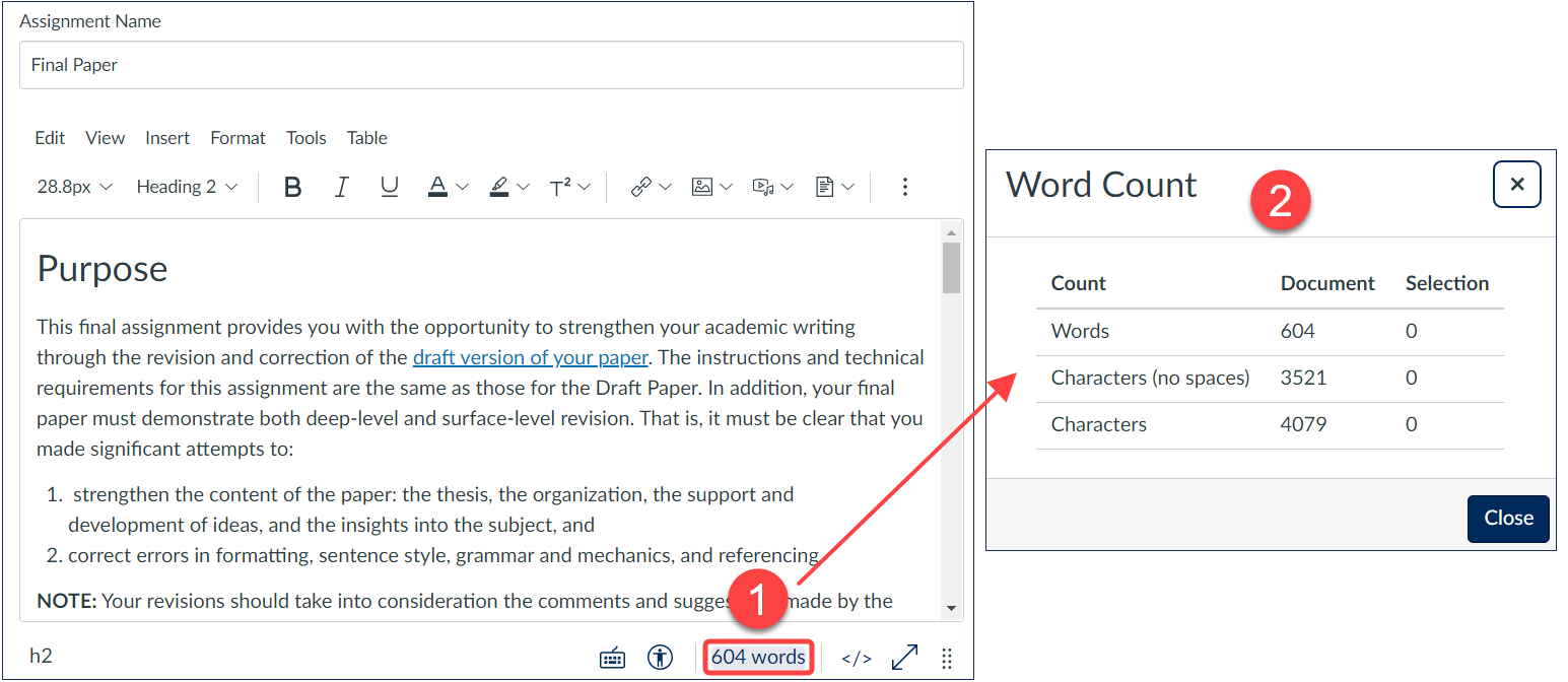 Quercus Rich Content Editor interface highlighting Word Count and associated detailed information panel.