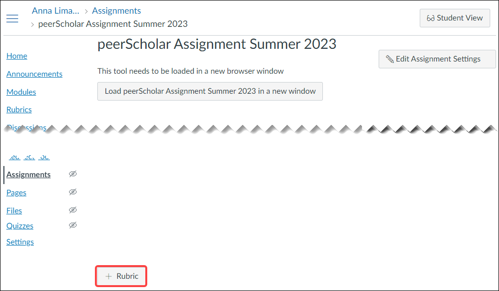 Screenshot of Quercus Assignment interface showing External Tool Assignment Add Rubric Button