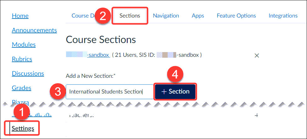 Screenshot showing steps to add manual section in a Quercus course