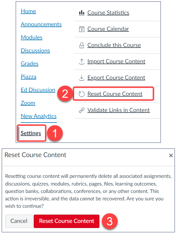 Screenshot of Quercus Course Settings with steps for resetting course content