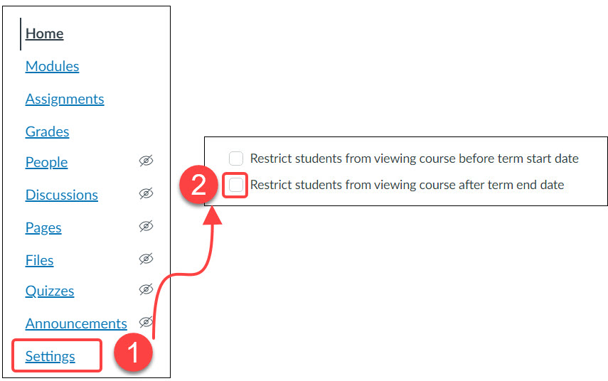 Quercus Course Settings with option to restrict student access after course ends highlighted