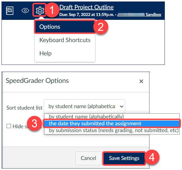 Screenshot of ScreenGrader Settings showing Options menu. Sort Student List by Assignment submission date options is selected.