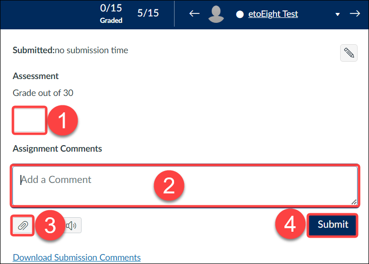 Screenshot of Quercus SpeedGrader interface for entering numerical grade, providing feedback comments, and uploading file  for student feedback